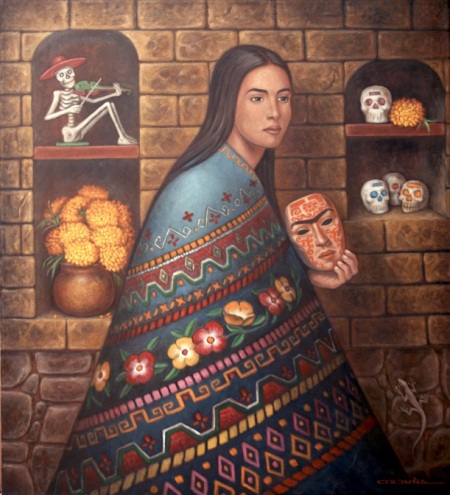 Mujer con máscara de Frida Kahlo